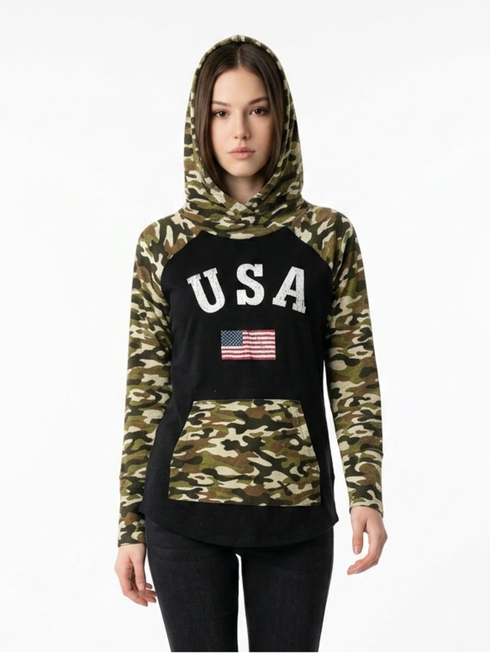 LuLaRoe Amber lightweight Camo Sleeve USA Graphic Hoodie - Black & Olive